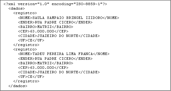 Exemplo de arquivo XML gerado pelo GABRIEL e enviado ao LUCAS